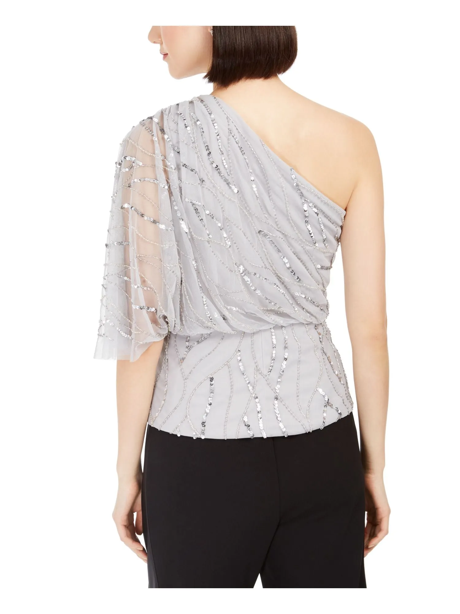 ADRIANNA PAPELL Womens Gray Sequined Sheer Patterned Sleeveless Asymmetrical Neckline Evening Top