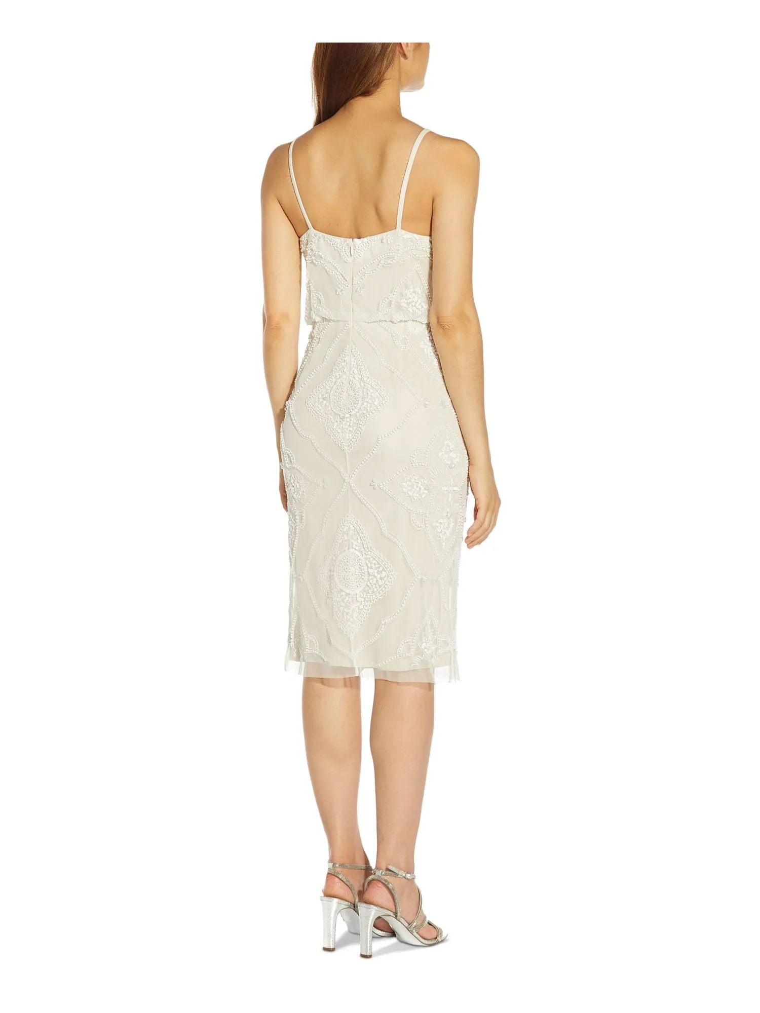 ADRIANNA PAPELL Womens Ivory Beaded Zippered Lined Spaghetti Strap V Neck Below The Knee Party Sheath Dress