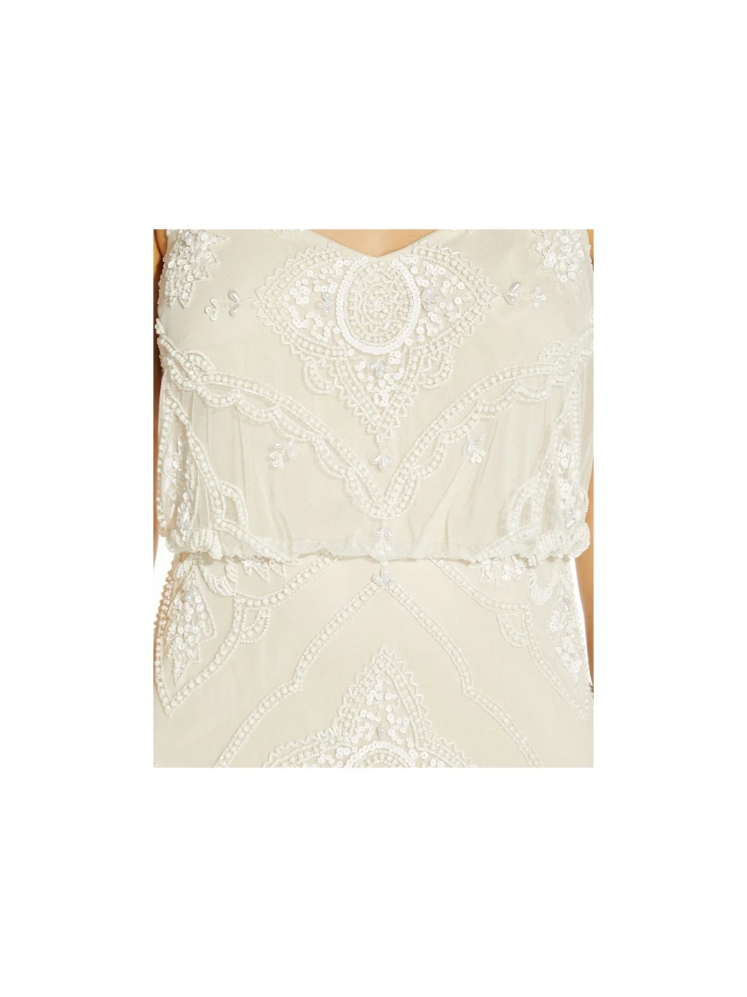 ADRIANNA PAPELL Womens Ivory Beaded Zippered Lined Spaghetti Strap V Neck Below The Knee Party Sheath Dress