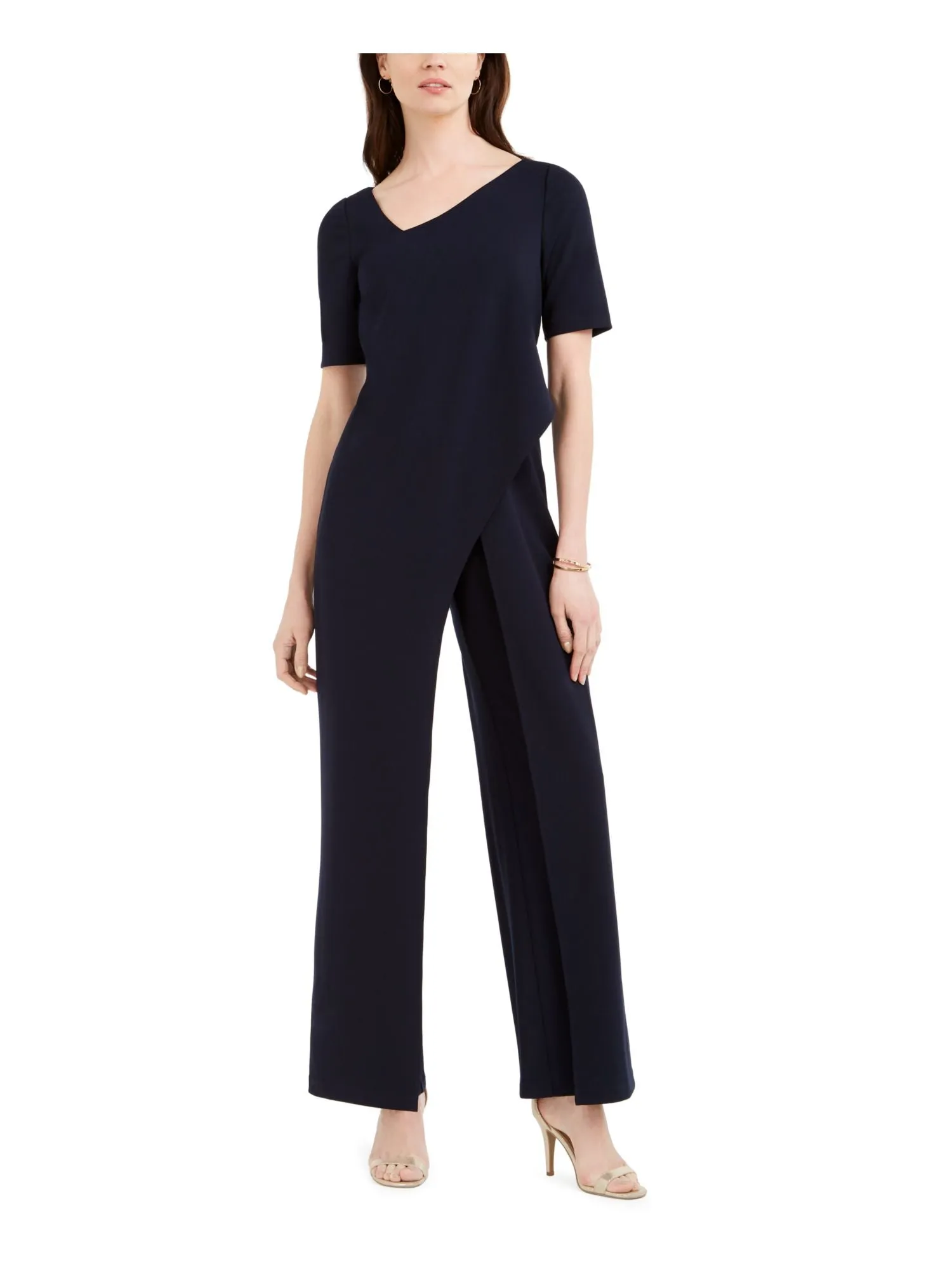 ADRIANNA PAPELL Womens Navy Short Sleeve Asymmetrical Neckline Evening Wide Leg Jumpsuit