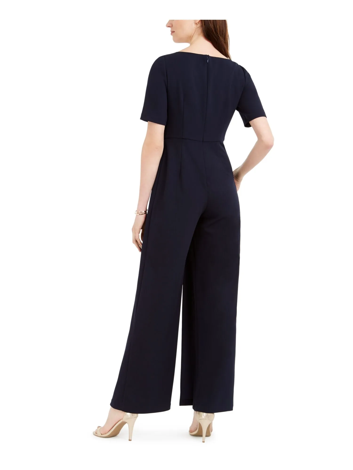 ADRIANNA PAPELL Womens Navy Short Sleeve Asymmetrical Neckline Evening Wide Leg Jumpsuit