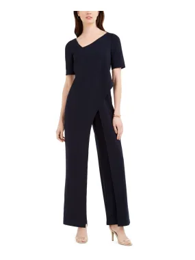 ADRIANNA PAPELL Womens Navy Short Sleeve Asymmetrical Neckline Evening Wide Leg Jumpsuit