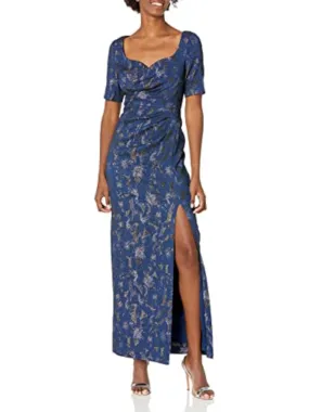 ADRIANNA PAPELL Womens Navy Zippered Ruched Draped Thigh-high Slit Lined Short Sleeve Sweetheart Neckline Full-Length Evening Gown Dress