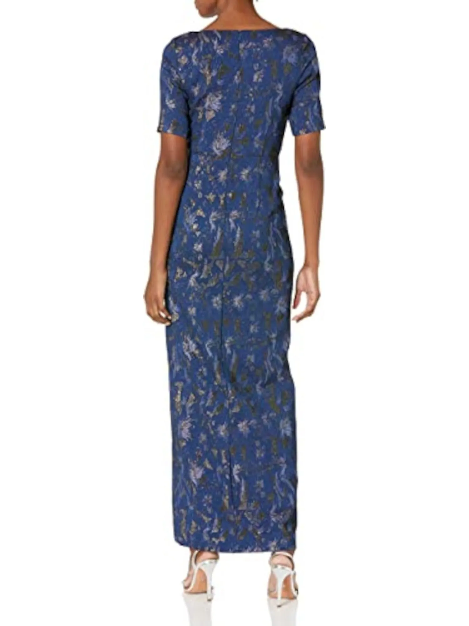 ADRIANNA PAPELL Womens Navy Zippered Ruched Draped Thigh-high Slit Lined Short Sleeve Sweetheart Neckline Full-Length Evening Gown Dress