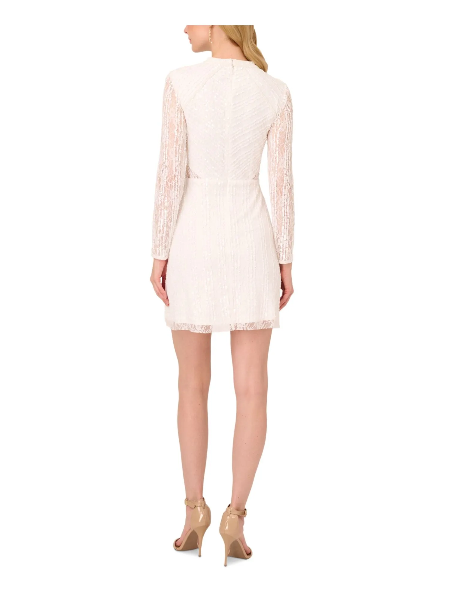 ADRIANNA PAPELL Womens White Embellished Zippered Illusion Cutouts Lined Long Sleeve Mock Neck Short Party Fit   Flare Dress
