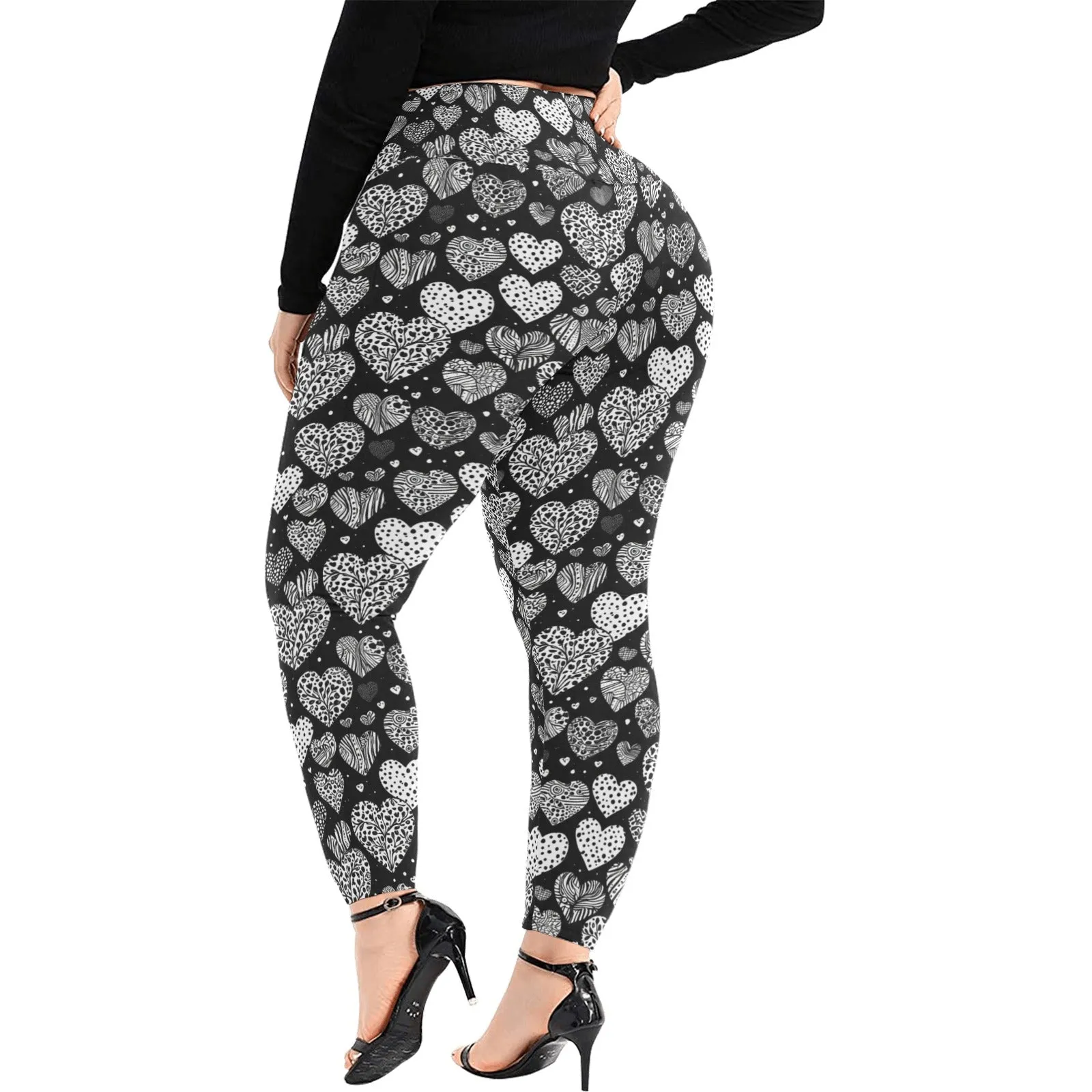 Black and White Hearts Women's Plus Size High Waited Leggings Women's High Waist Leggings(Plus Size)(ModelL45)