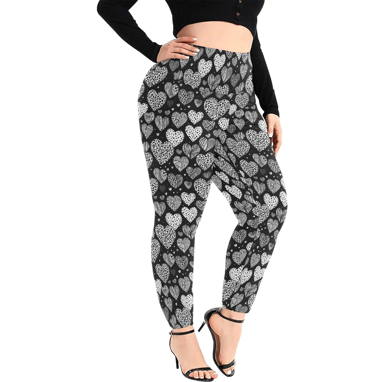 Black and White Hearts Women's Plus Size High Waited Leggings Women's High Waist Leggings(Plus Size)(ModelL45)