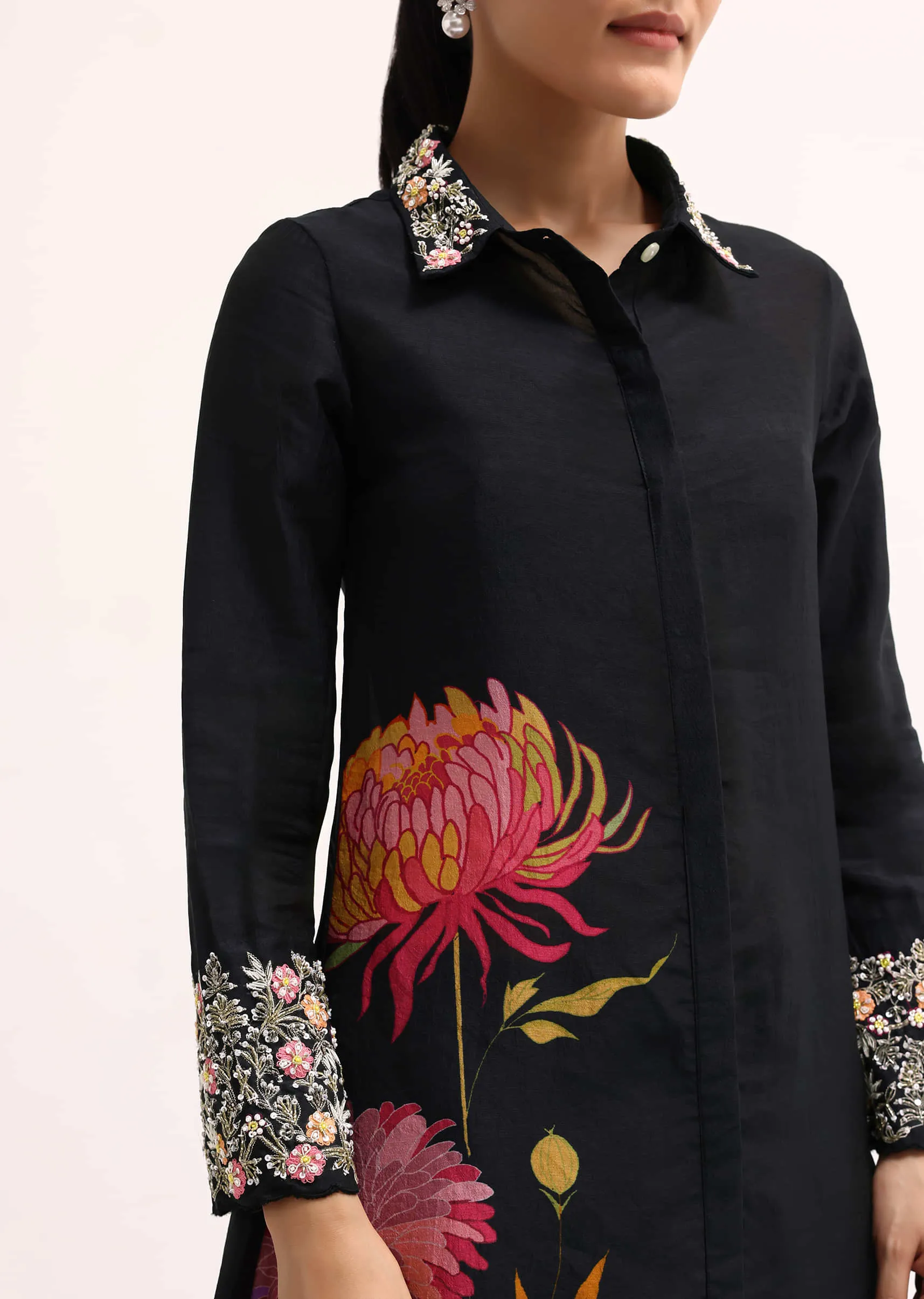 Black Printed Tussar Crop Top And Palazzo Set