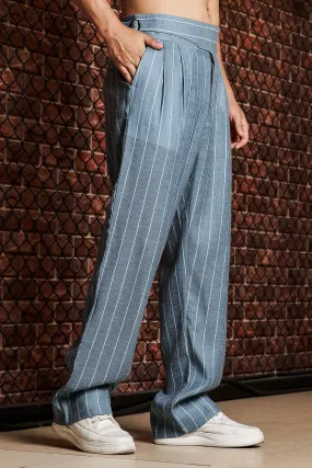 Blue Striped Linen Blend Gurkha Trousers