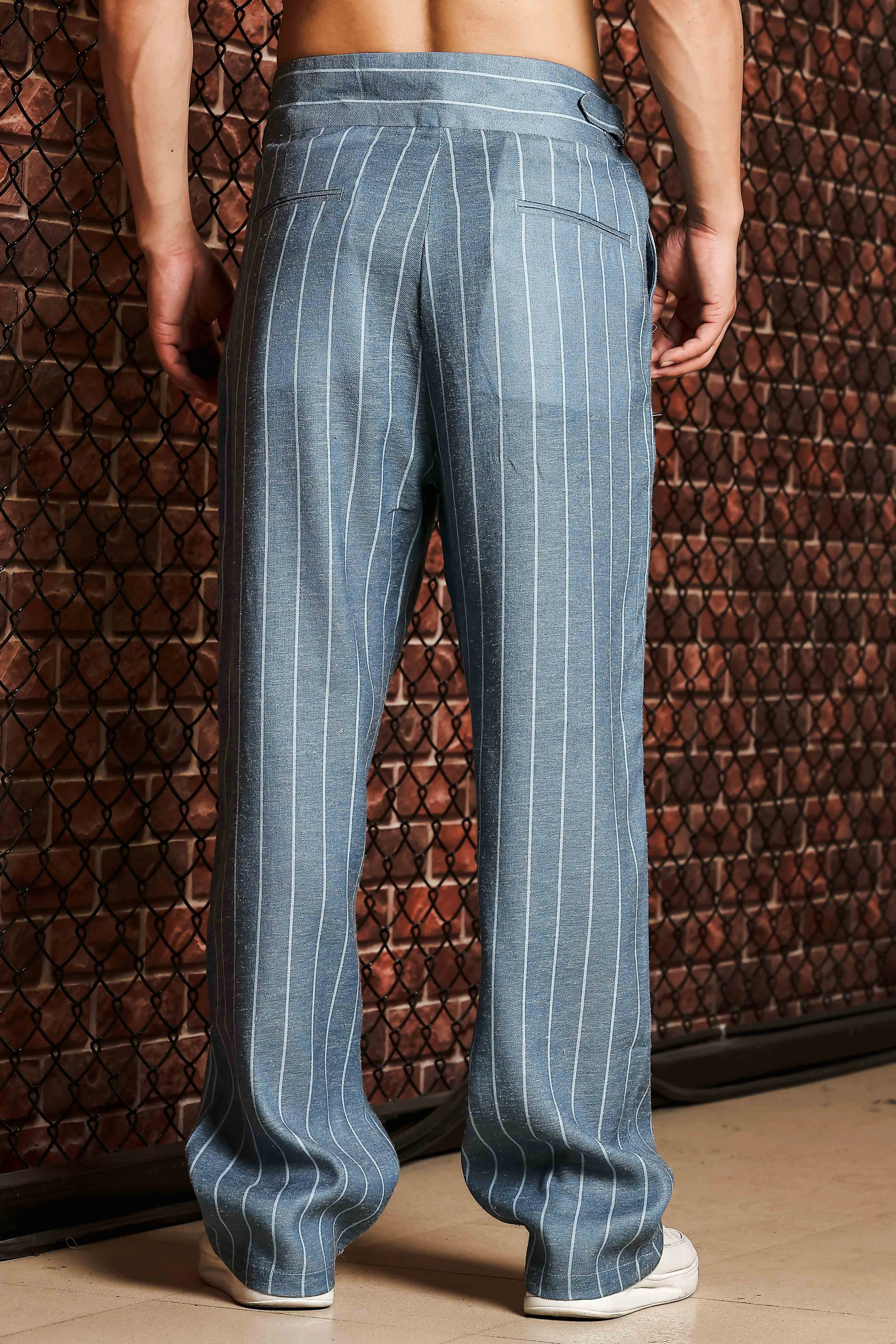Blue Striped Linen Blend Gurkha Trousers