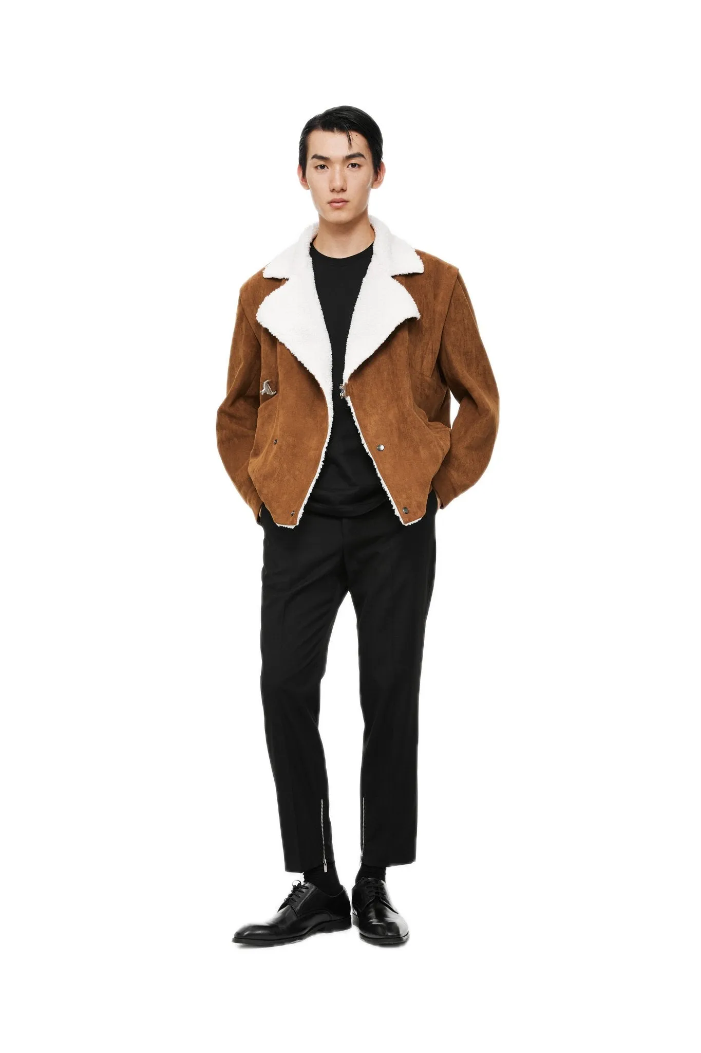 Brown Lambswool Lapel Buckle Suede Jacket