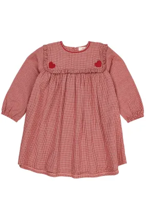 CHECK DRESS W. HEART EMB - RED CHECK COMBI