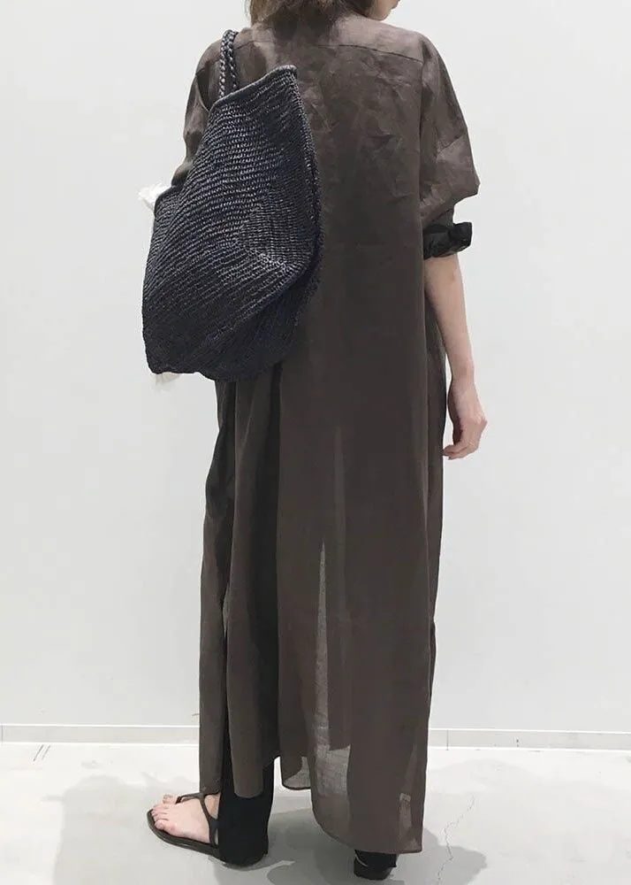 Chic Coffee Stand Collar Cotton Shirts Dresses Long Sleeve LY2147
