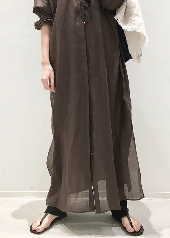 Chic Coffee Stand Collar Cotton Shirts Dresses Long Sleeve LY2147