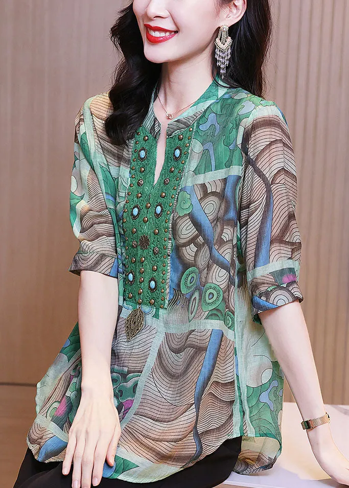 Chic Green Print Nail Bead Patchwork Linen Shirts Bracelet Sleeve LY5912