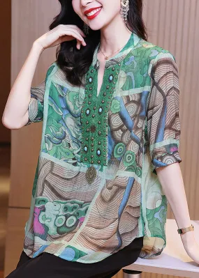 Chic Green Print Nail Bead Patchwork Linen Shirts Bracelet Sleeve LY5912