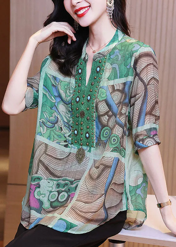 Chic Green Print Nail Bead Patchwork Linen Shirts Bracelet Sleeve LY5912