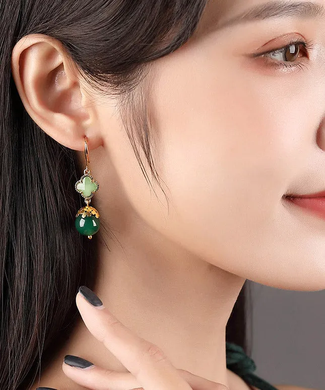 Chic Green Sterling Silver Agate Coloured Glaze Clover Drop Earrings LY2039