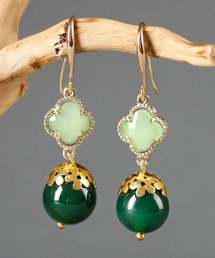 Chic Green Sterling Silver Agate Coloured Glaze Clover Drop Earrings LY2039