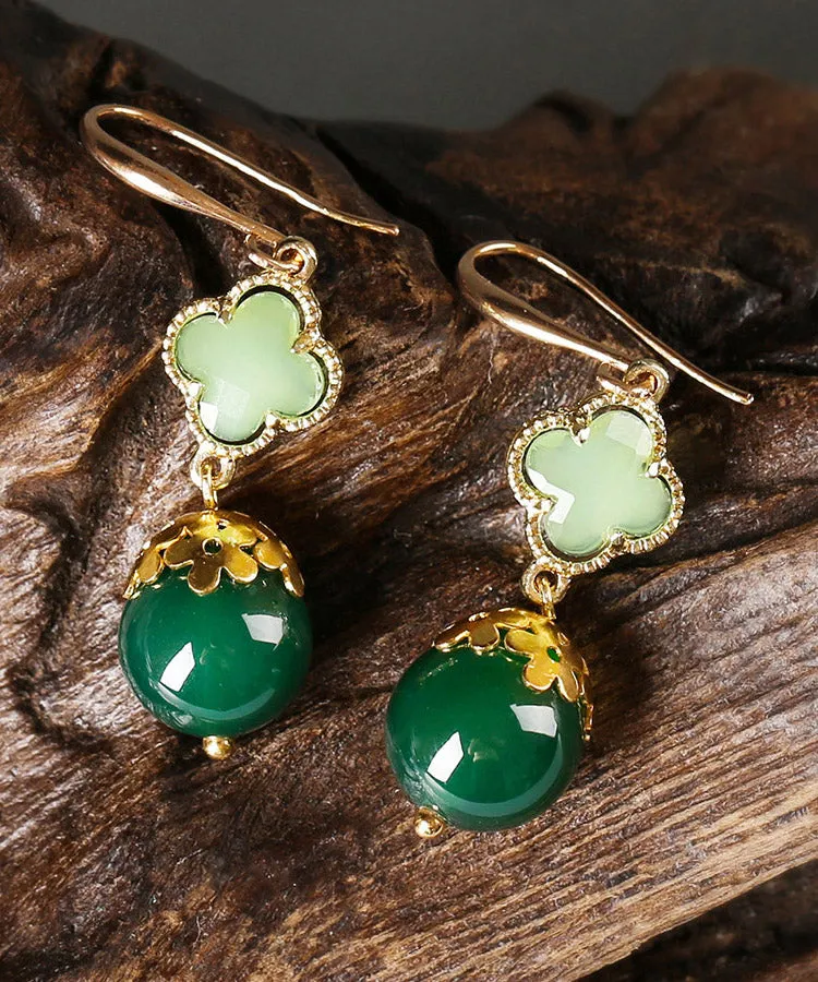 Chic Green Sterling Silver Agate Coloured Glaze Clover Drop Earrings LY2039