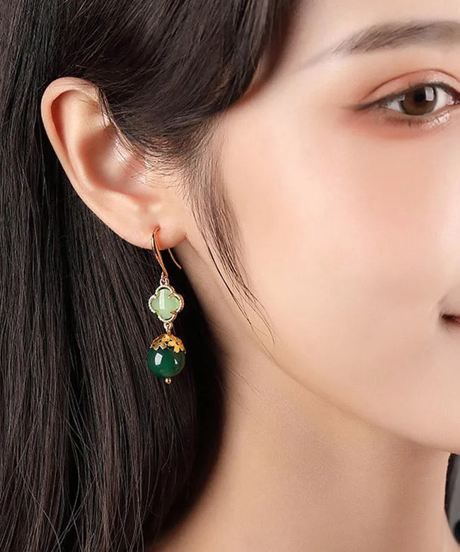 Chic Green Sterling Silver Agate Coloured Glaze Clover Drop Earrings LY2039