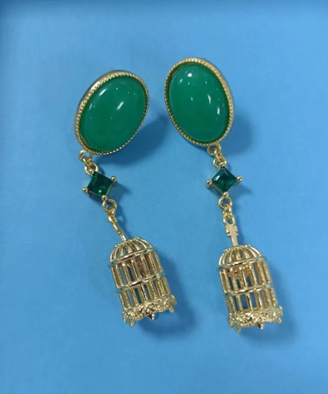 Chic Green Sterling Silver Overgild Hollow Out Birdcage Drop Earrings QQ065