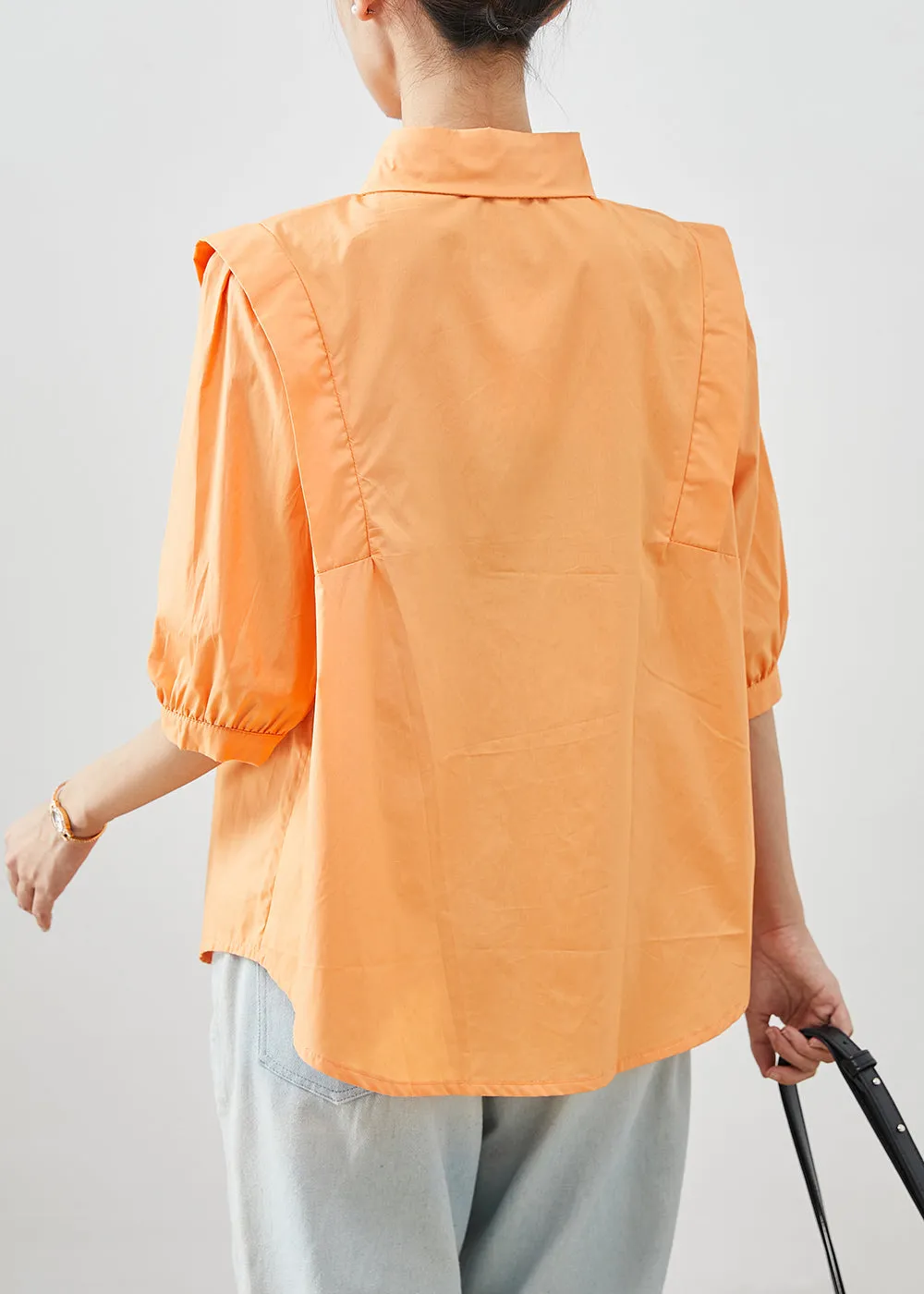 Chic Orange Peter Pan Collar Patchwork Cotton Shirts Half Sleeve ML1998
