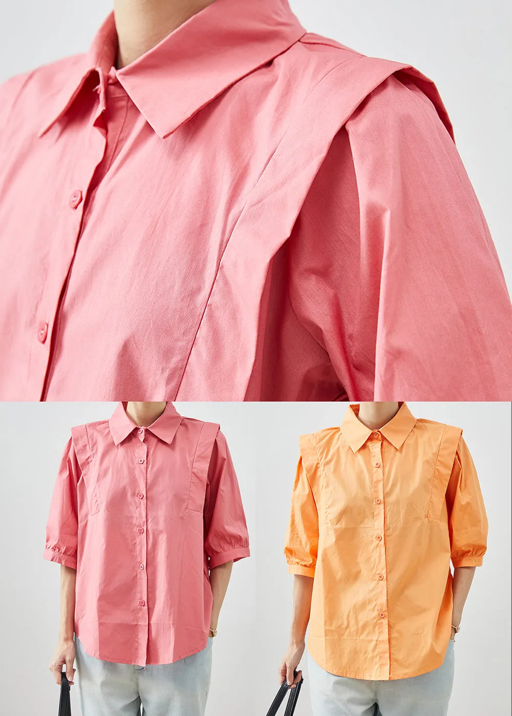 Chic Orange Peter Pan Collar Patchwork Cotton Shirts Half Sleeve ML1998
