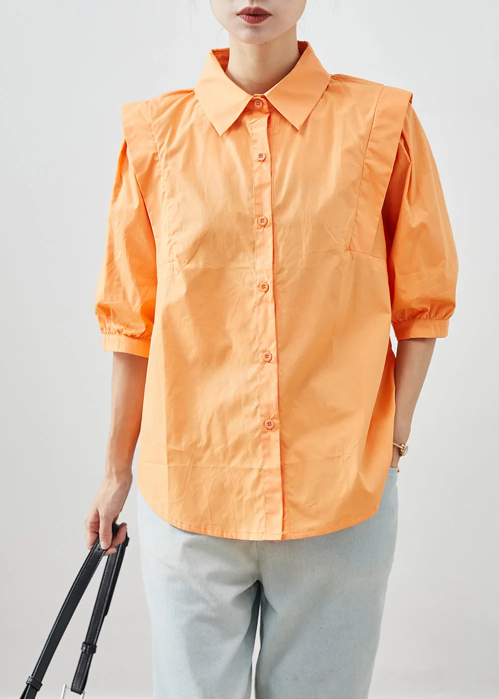 Chic Orange Peter Pan Collar Patchwork Cotton Shirts Half Sleeve ML1998