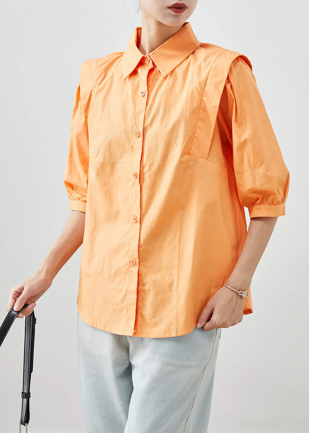 Chic Orange Peter Pan Collar Patchwork Cotton Shirts Half Sleeve ML1998