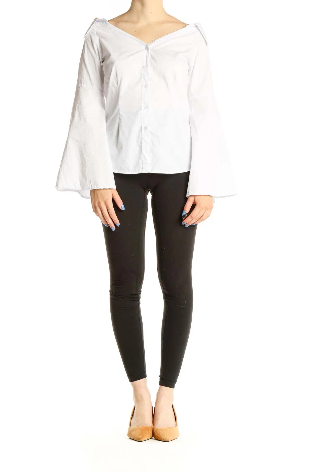 Chic White Work Top With Bell Sleeves
