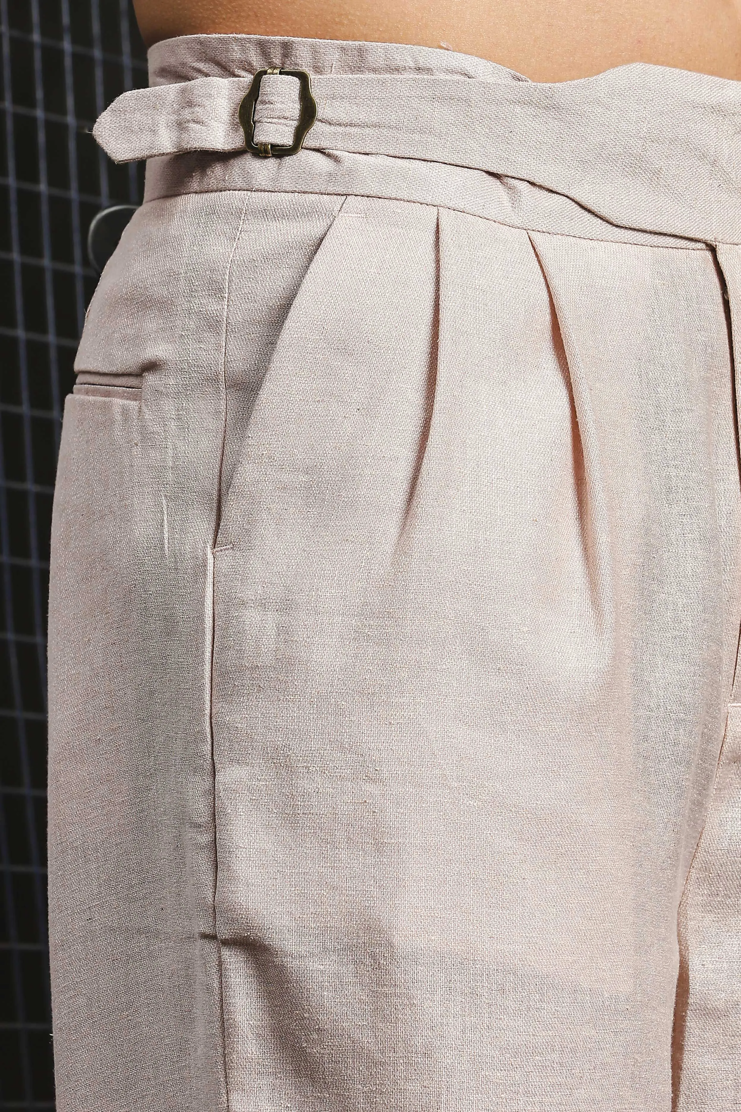 Chiku Solid Linen Blend Gurkha Trousers with Pleated Front
