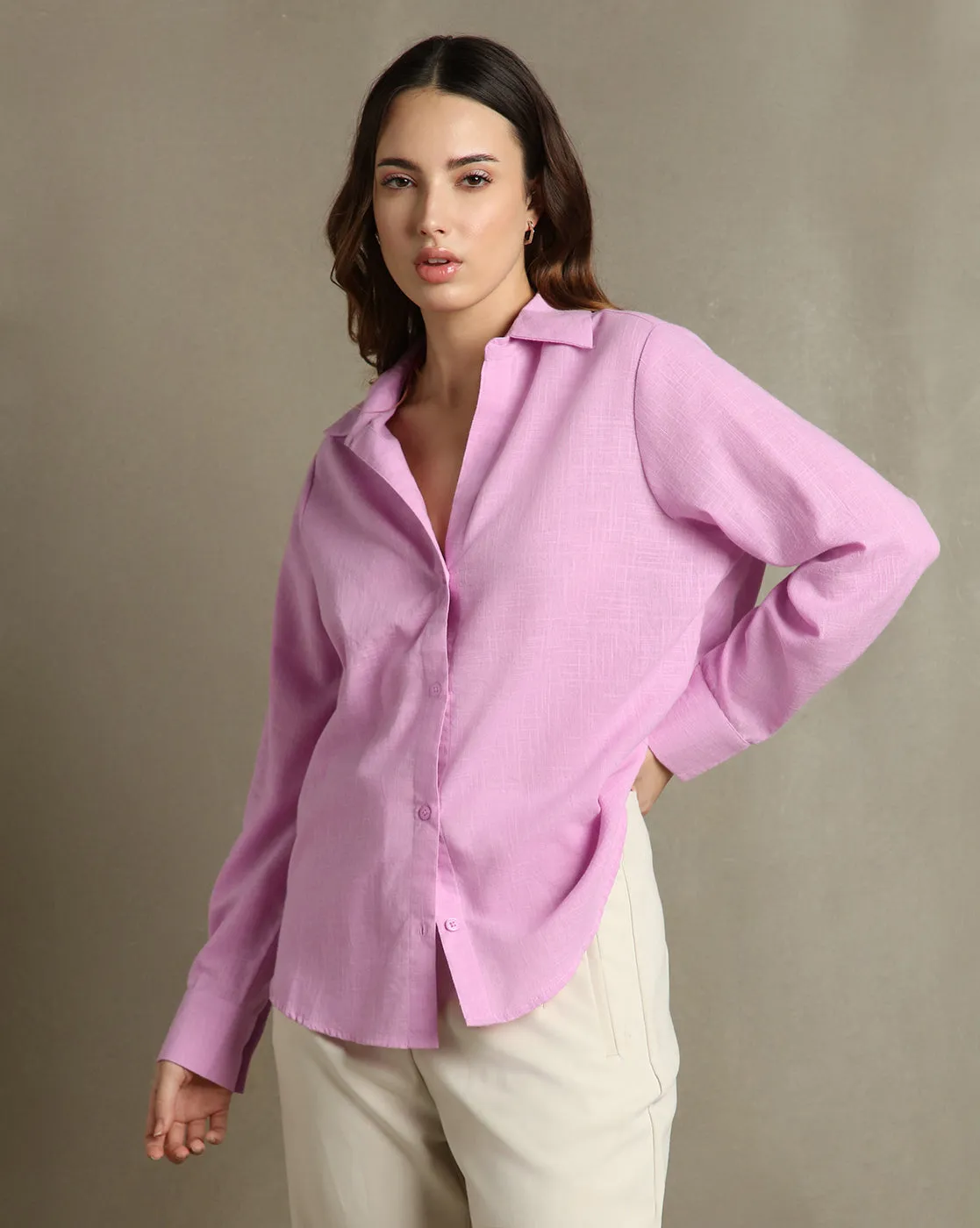 DL Woman Lavender Solid Textured Spread Collar Full Sleeves Oversized Shirt
