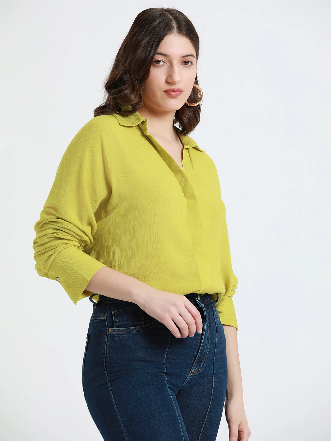 DL Woman Shirt Collar Relaxed Fit Solid Lime Green Shirt