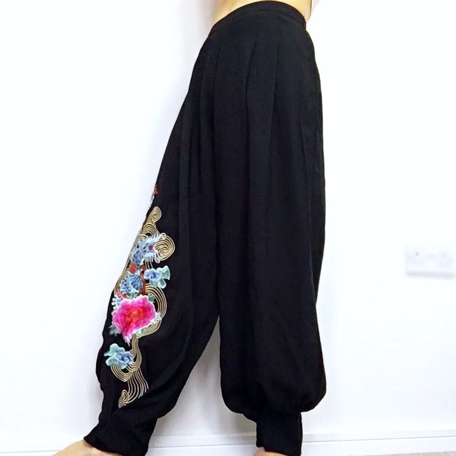 DRAGON FLORAL EMBROIDERY BOHO TROUSERS