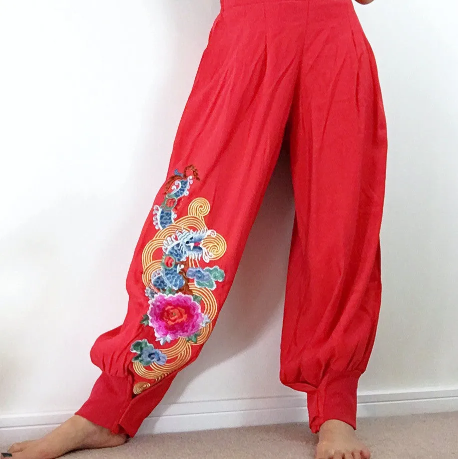 DRAGON FLORAL EMBROIDERY BOHO TROUSERS