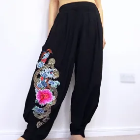 DRAGON FLORAL EMBROIDERY BOHO TROUSERS