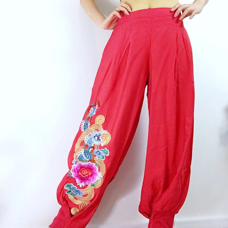 DRAGON FLORAL EMBROIDERY BOHO TROUSERS