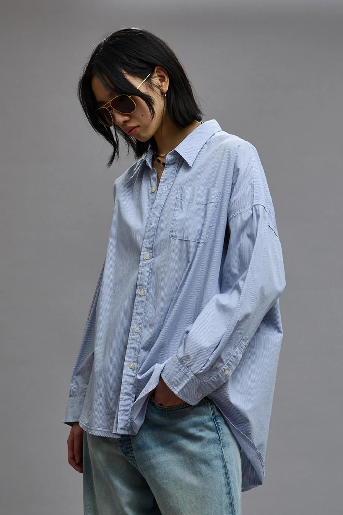 DROP NECK SHIRT - BLUE AND WHITE STRIPE