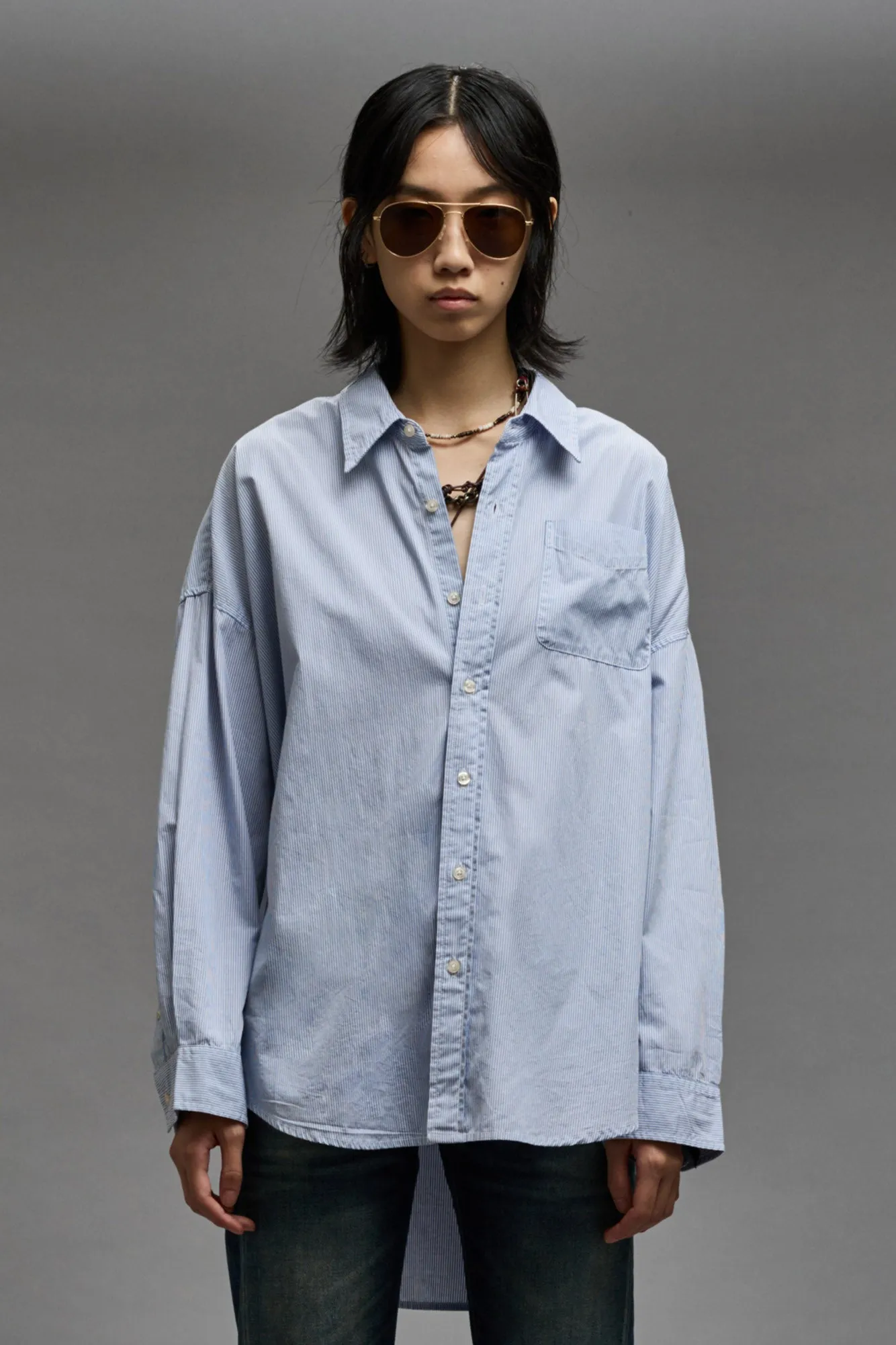 DROP NECK SHIRT - BLUE AND WHITE STRIPE