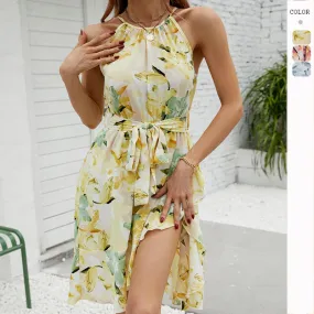 Elegant and Sexy Round Neck Printed Crossed Dress
