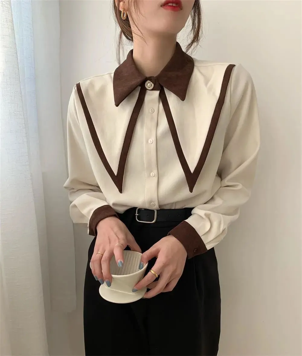 FashionSierra - Sharp Ruffle Turn Down Collar Blouse Women Tops Korean Fashion Clothing