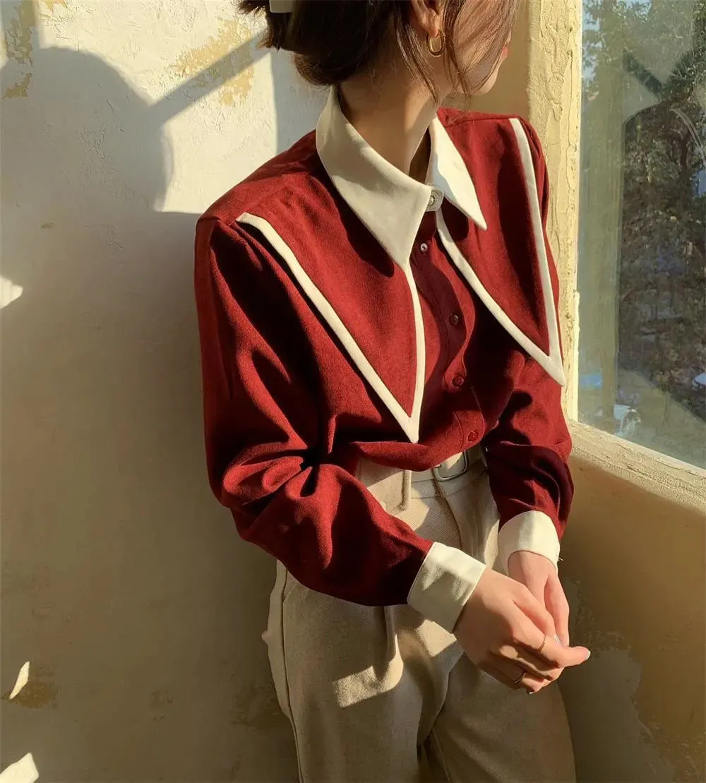 FashionSierra - Sharp Ruffle Turn Down Collar Blouse Women Tops Korean Fashion Clothing