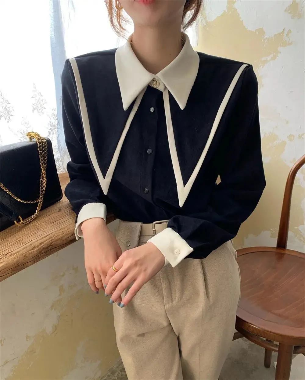 FashionSierra - Sharp Ruffle Turn Down Collar Blouse Women Tops Korean Fashion Clothing