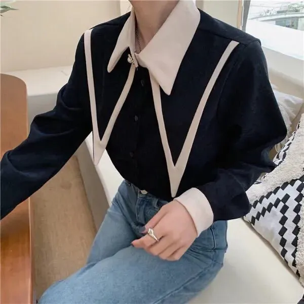 FashionSierra - Sharp Ruffle Turn Down Collar Blouse Women Tops Korean Fashion Clothing