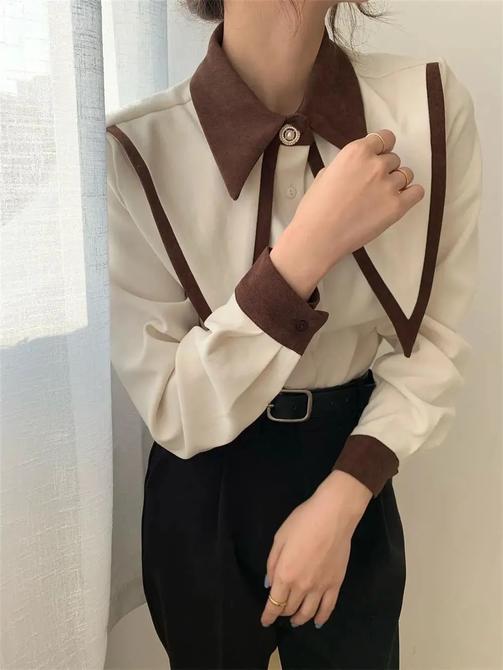 FashionSierra - Sharp Ruffle Turn Down Collar Blouse Women Tops Korean Fashion Clothing