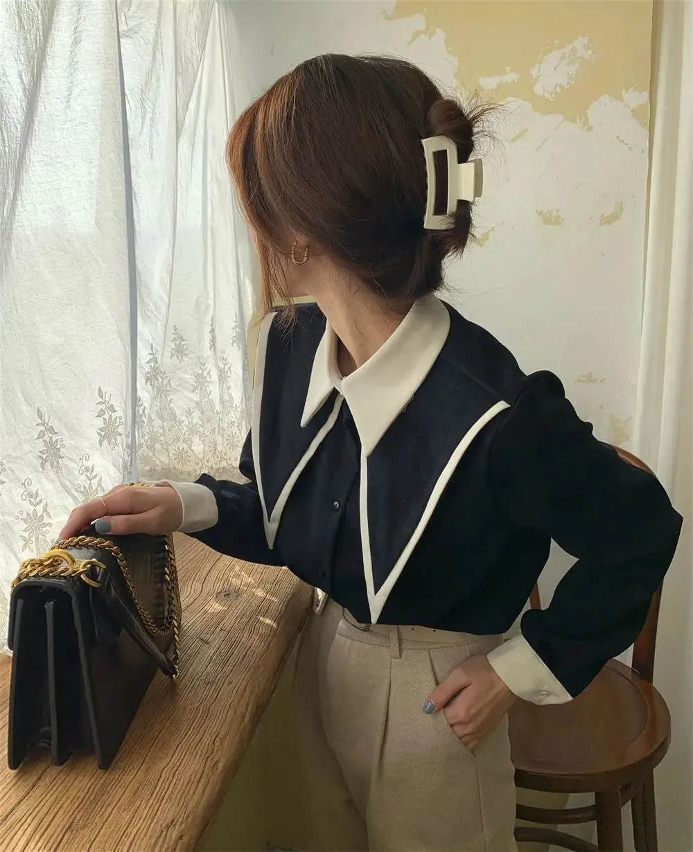 FashionSierra - Sharp Ruffle Turn Down Collar Blouse Women Tops Korean Fashion Clothing