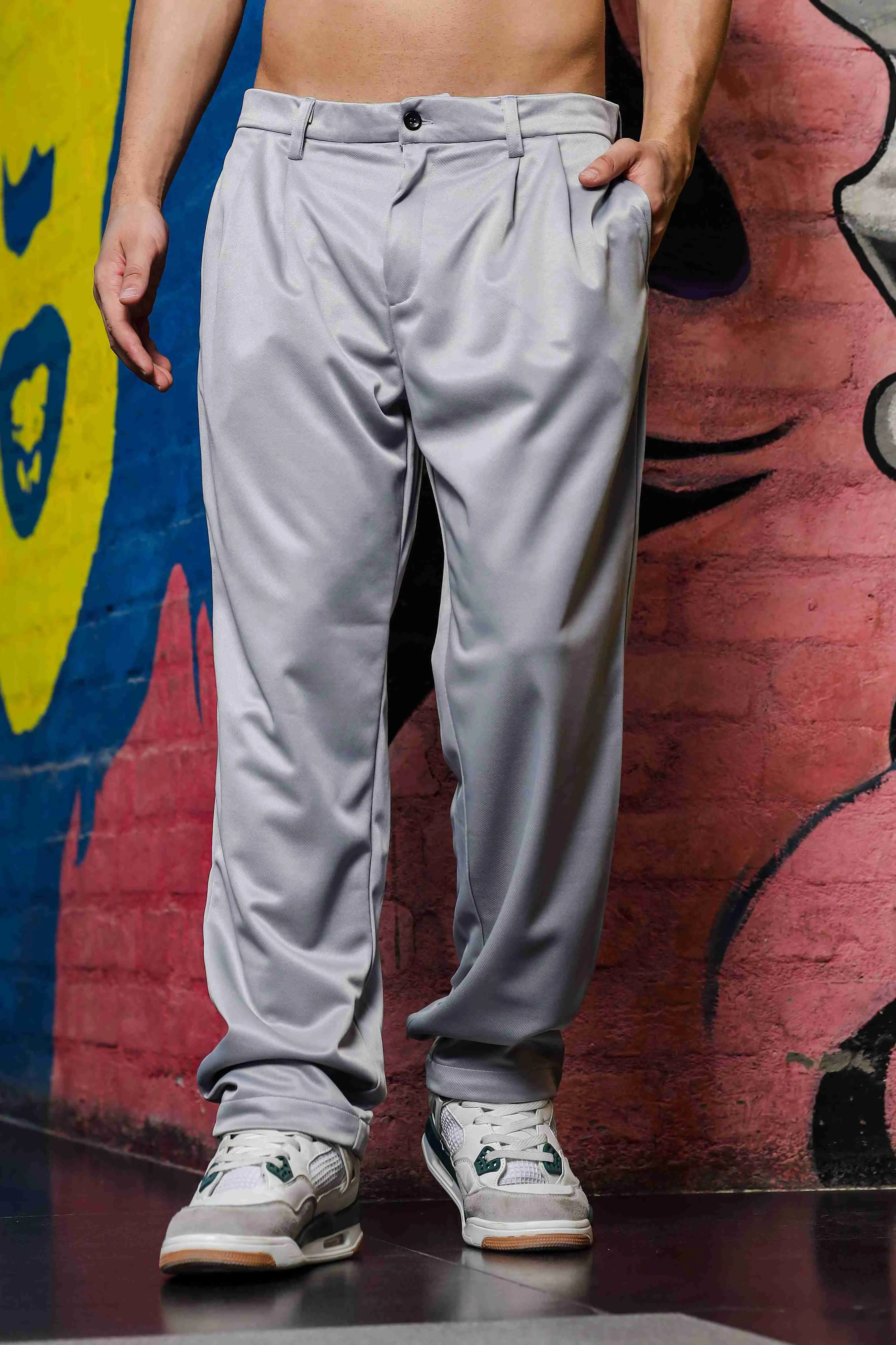 Grey Baggy fit Double Pleated Korean Trousers