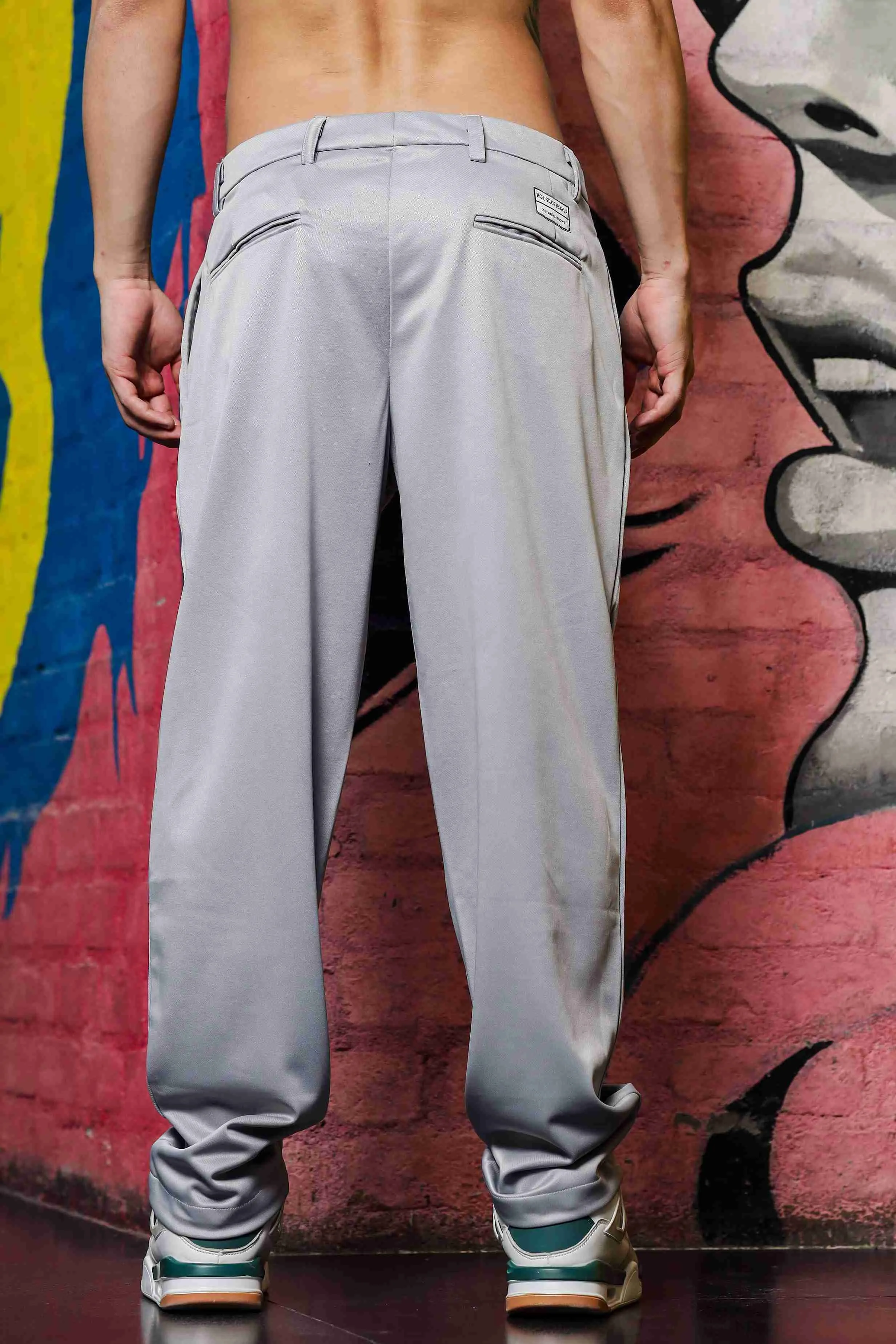 Grey Baggy fit Double Pleated Korean Trousers