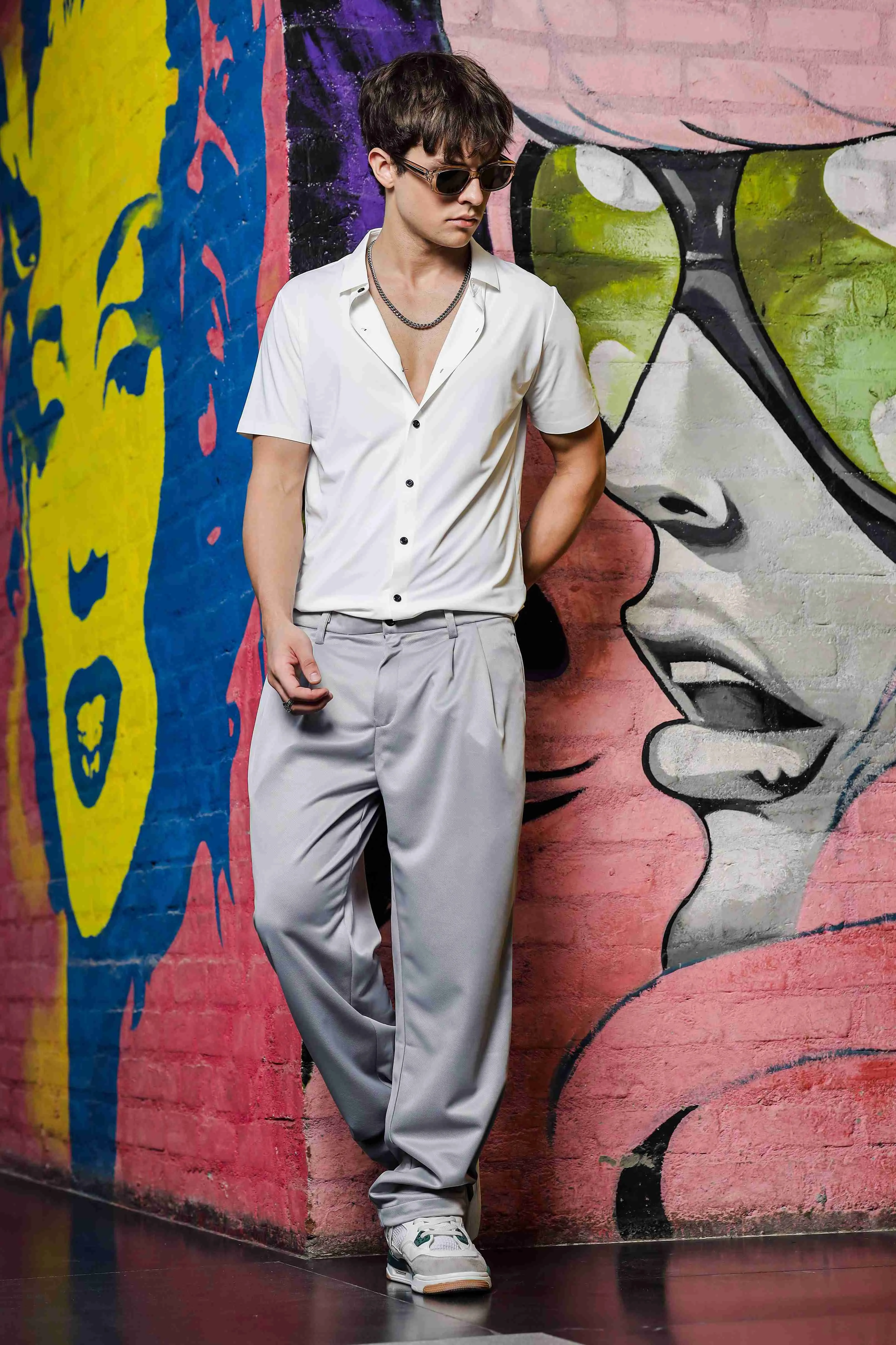 Grey Baggy fit Double Pleated Korean Trousers